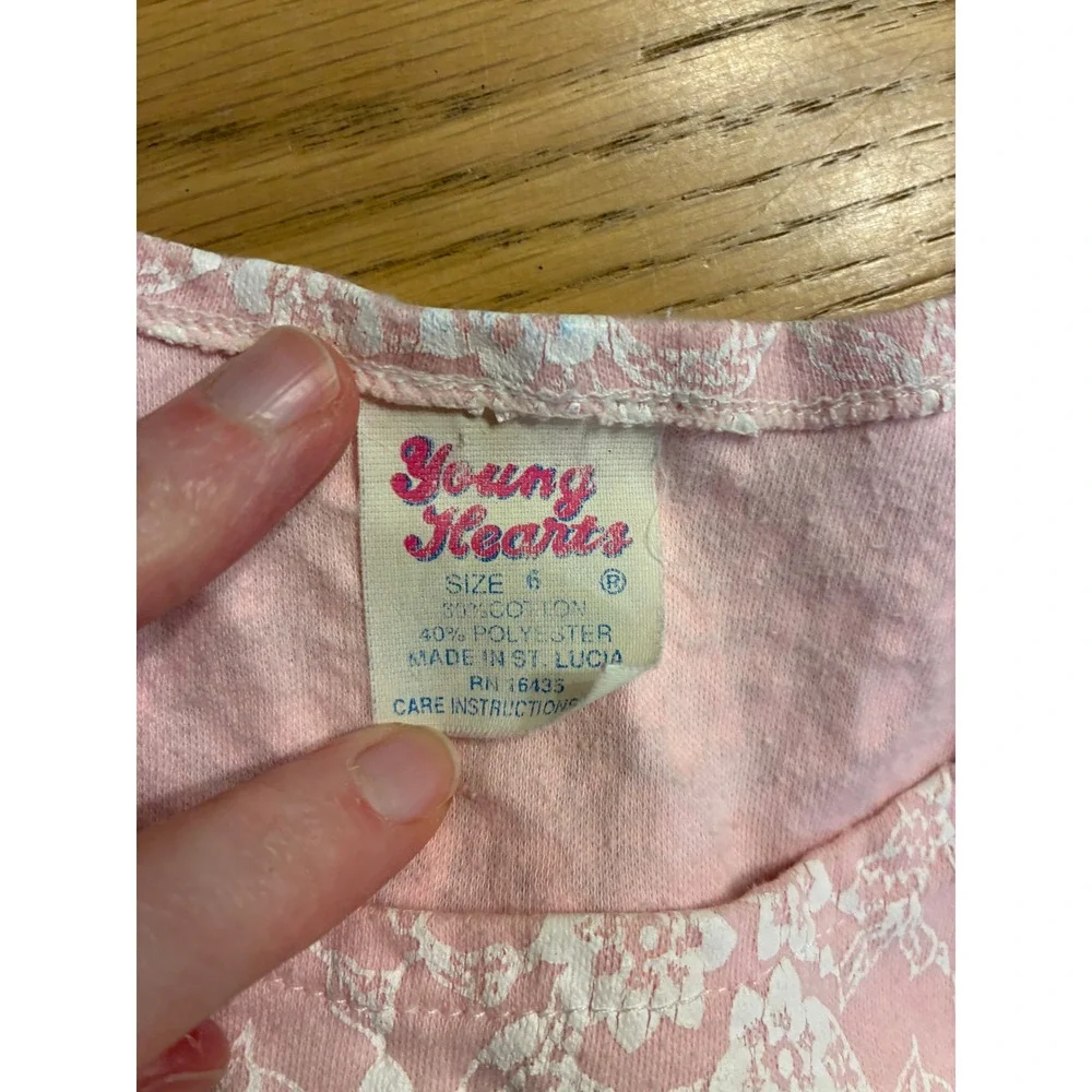 Young‎ Hearts Girls Pink Floral Lace Print Ruffle Bows Outfit Size 6 Vintage